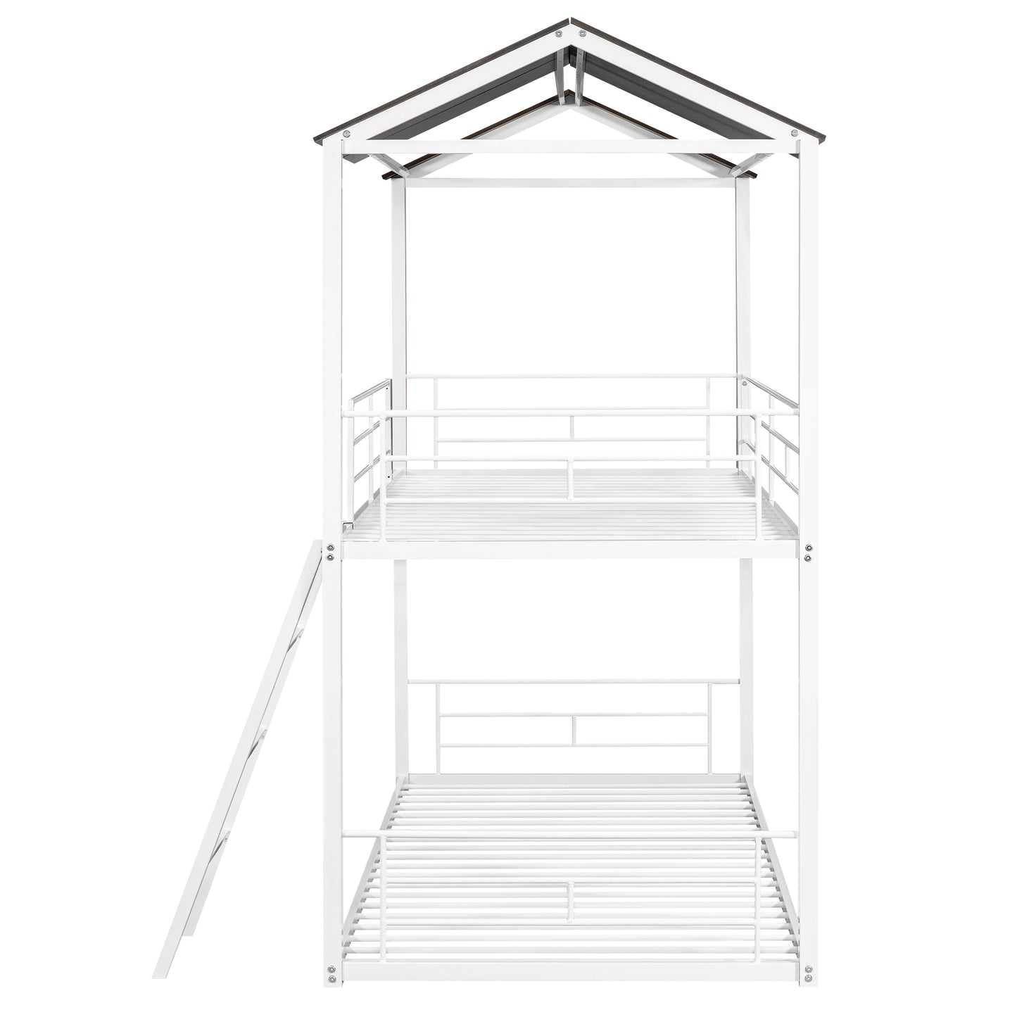 Twin Over Twin Bunk Bed Metal Bed with Half Roof, Guardrail and Ladder White