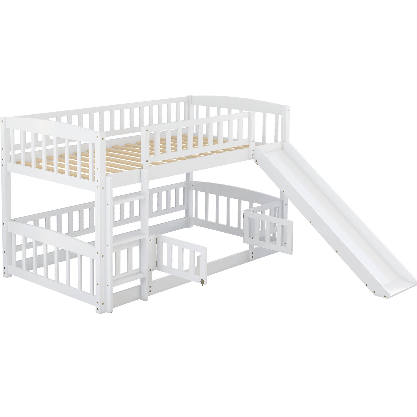 Bunk Bed with Slide,Twin Over Twin Low Bunk Bed with Fence and Ladder for Toddler Kids Teens White