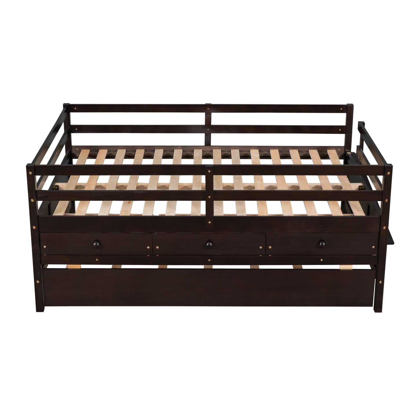 Low Loft Bed Full Size with Full Safety Fence, Climbing ladder, Storage Drawers and Trundle Espresso Solid Wood Bed