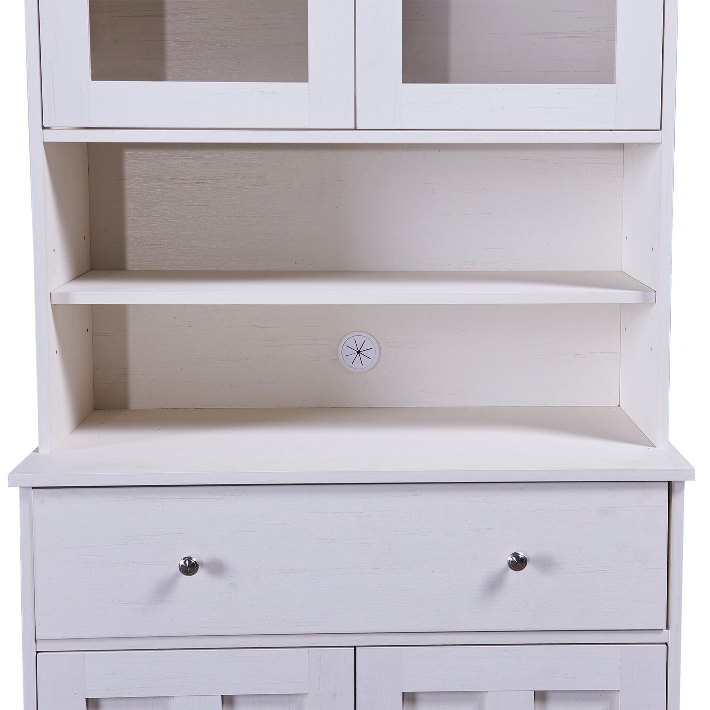 TREXM 70.9" Multifunctional Pantry Cabinet MDF Storage Cabinet with Glass Doors, A Large Drawer and Adjustable Shelves (Antique White)