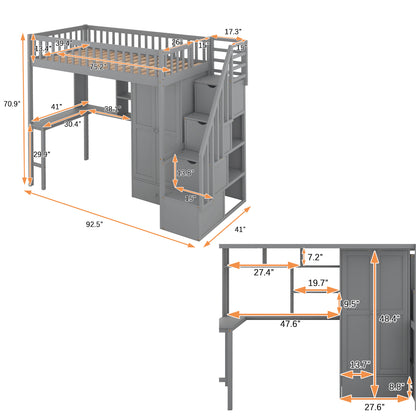 Twin size Loft Bed with Bookshelf,Drawers,Desk,and Wardrobe-Gray