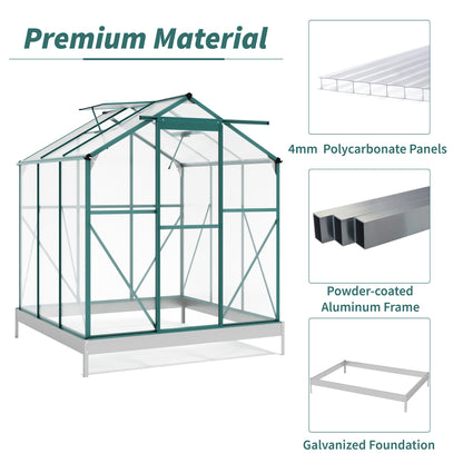 TOPMAX Upgraded Outdoor Patio 6.2ft Wx6.3ft D Greenhouse, Walk-in Polycarbonate Greenhouse with 2 Windows and Base,Aluminum Hobby Greenhouse with Sliding Door for Garden, Backyard, Green