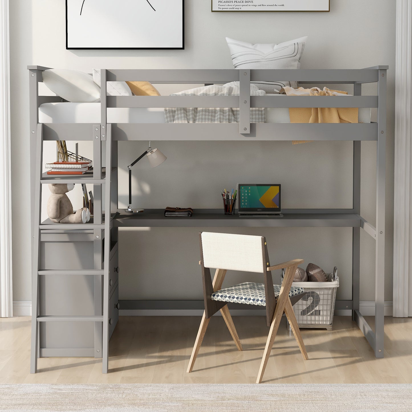 Twin Size Loft Bed with Desk and Shelves,Two Built-in Drawers,Gray(OLD SKU:GX000803AAE)