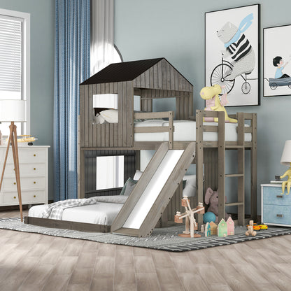 Wooden Twin Over Full Bunk Bed, Loft Bed with Playhouse, Farmhouse, Ladder, Slide and Guardrails, White(OLD SKU :LT000028AAE)