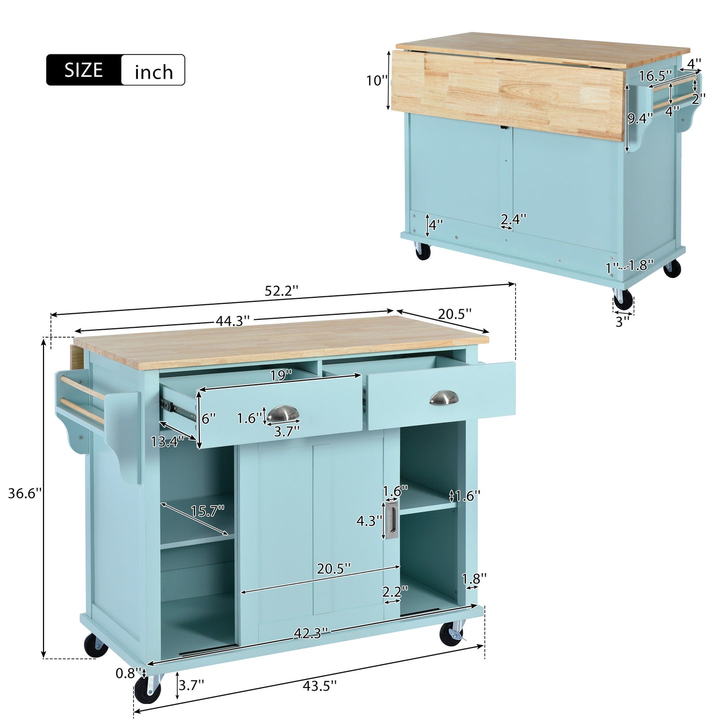 K&K Kitchen Cart with Rubber wood Drop-Leaf Countertop, Concealed sliding barn door adjustable height,Kitchen Island on 4 Wheels with Storage Cabinet and 2 Drawers,L52.2xW30.5xH36.6 inch, Mint Green