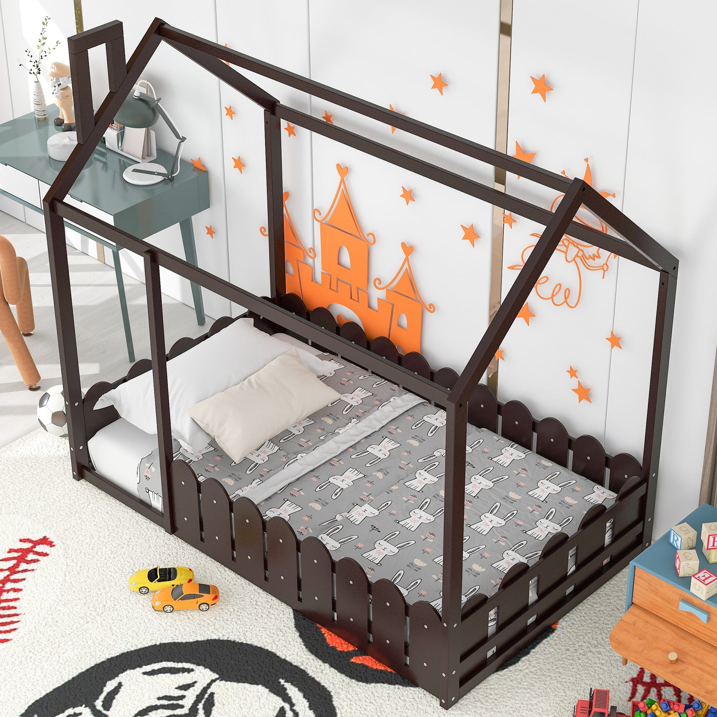 （Slats are not included) Twin Size Wood Bed House Bed Frame with Fence, for Kids, Teens, Girls, Boys (Espresso )(OLD SKU :WF194274AAP)