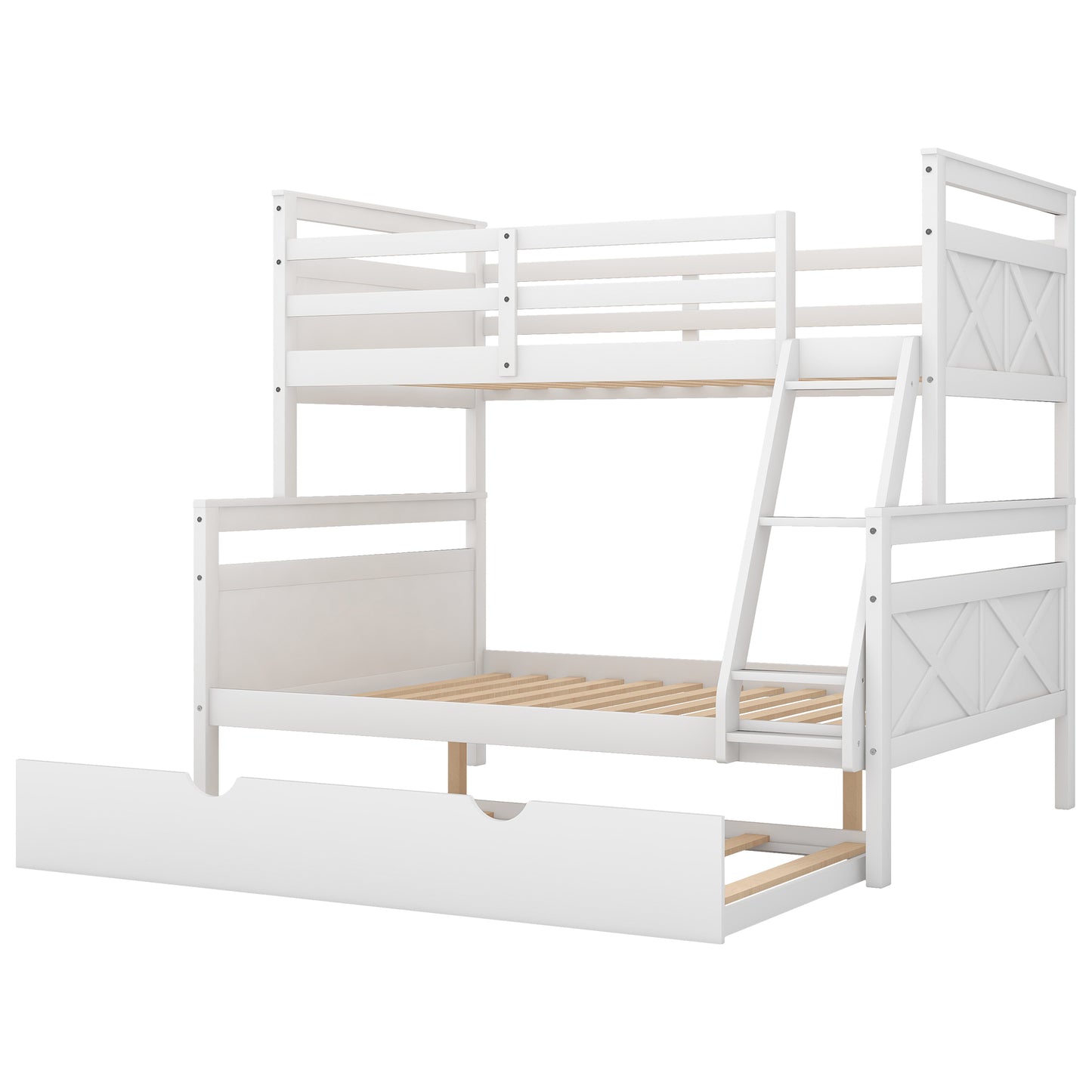 Twin over Full Bunk Bed with Ladder, Twin Size Trundle, Safety Guardrail, White