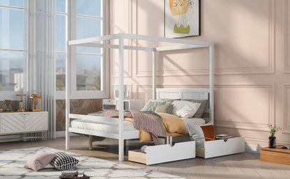 Full Size Canopy Platform Bed with Two Drawers,With Slat Support Leg,White