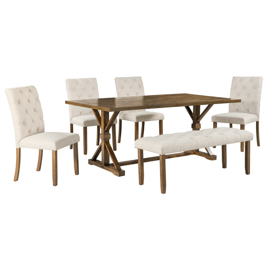 TREXM 6-Piece Farmhouse Dining Table Set 72" Wood Rectangular Table, 4 Upholstered Chairs with Bench (Walnut)