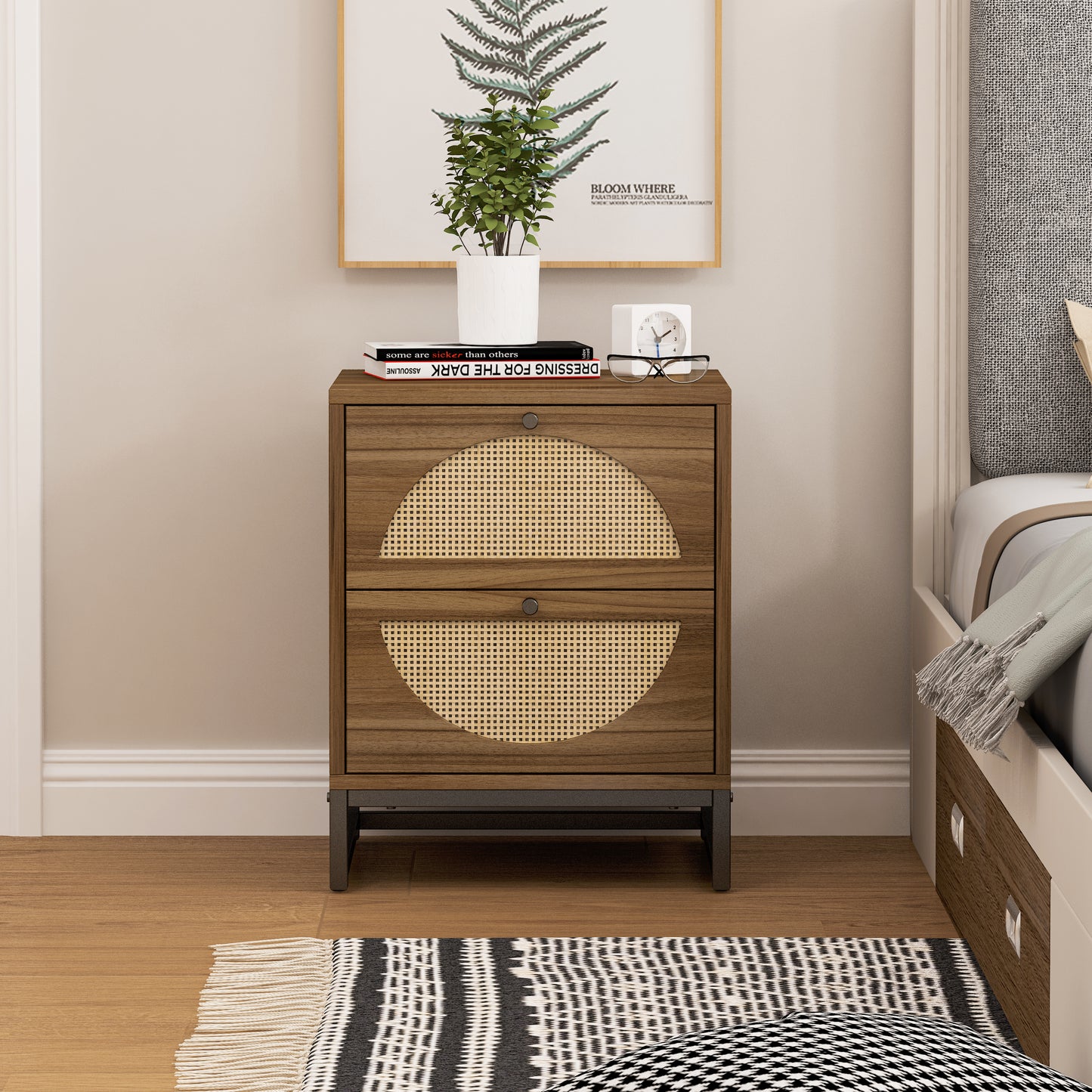 Rattan Nightstand Set of 2, Walnut End Table with 2 Natural Rattan Drawer & Metal Legs