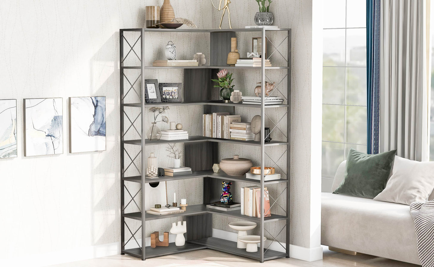 Silver+Grey 7-Tier Bookcase Home Office Bookshelf,  L-Shaped Corner Bookcase with Metal Frame, Industrial Style Shelf with Open Storage, MDF Board