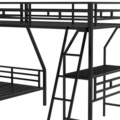 Twin over Full Bunk Bed with a Twin Size Loft Bed attached, with a Desk, Metal, Black