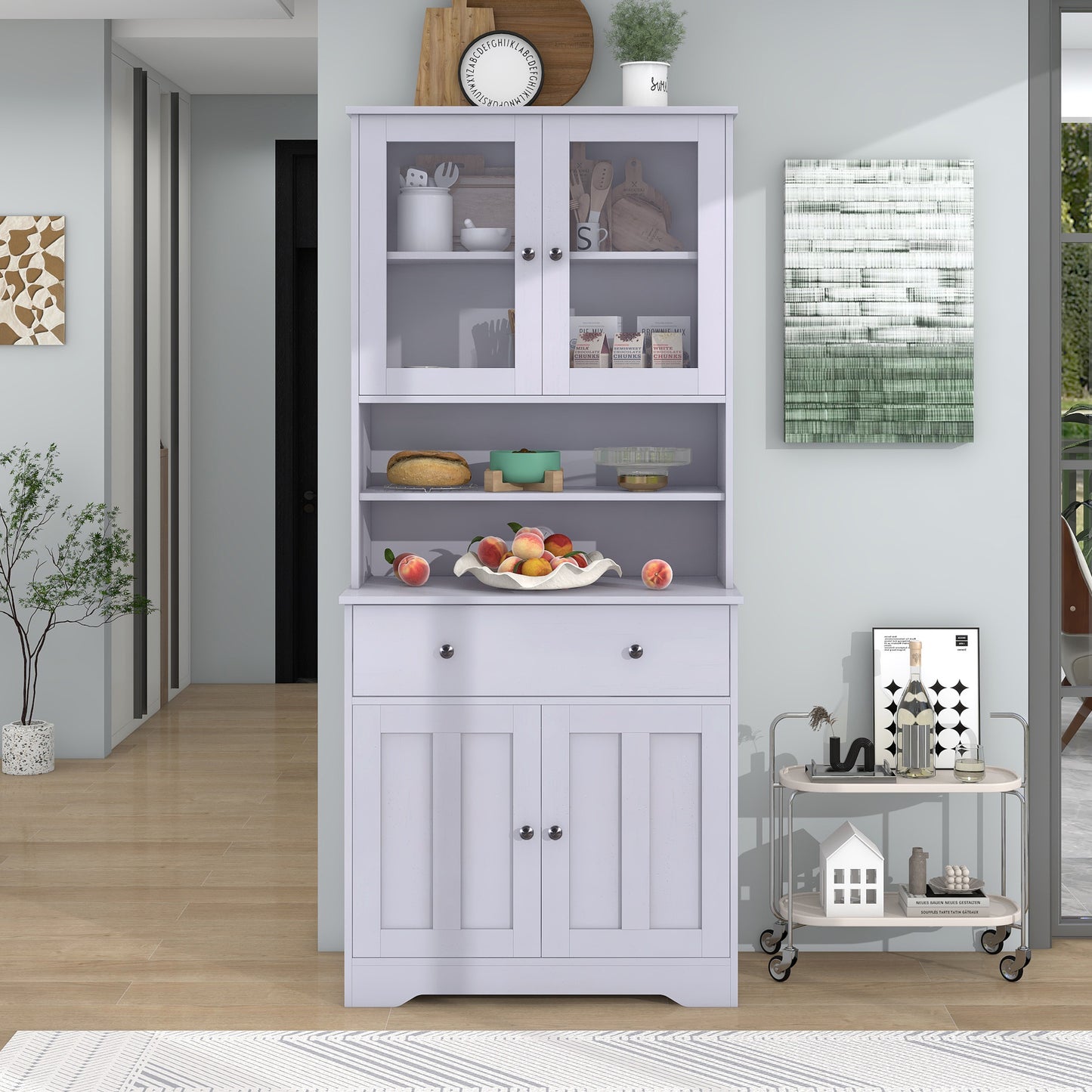 TREXM 70.9" Multifunctional Pantry Cabinet MDF Storage Cabinet with Glass Doors, A Large Drawer and Adjustable Shelves (Antique White)