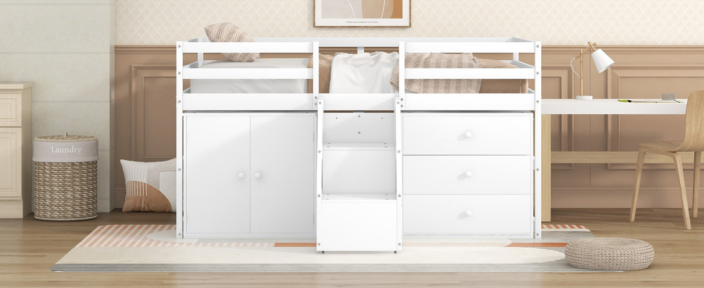 Full Size Functional Loft Bed with Cabinets and Drawers, Hanging Clothes at the back of the Staircase, White