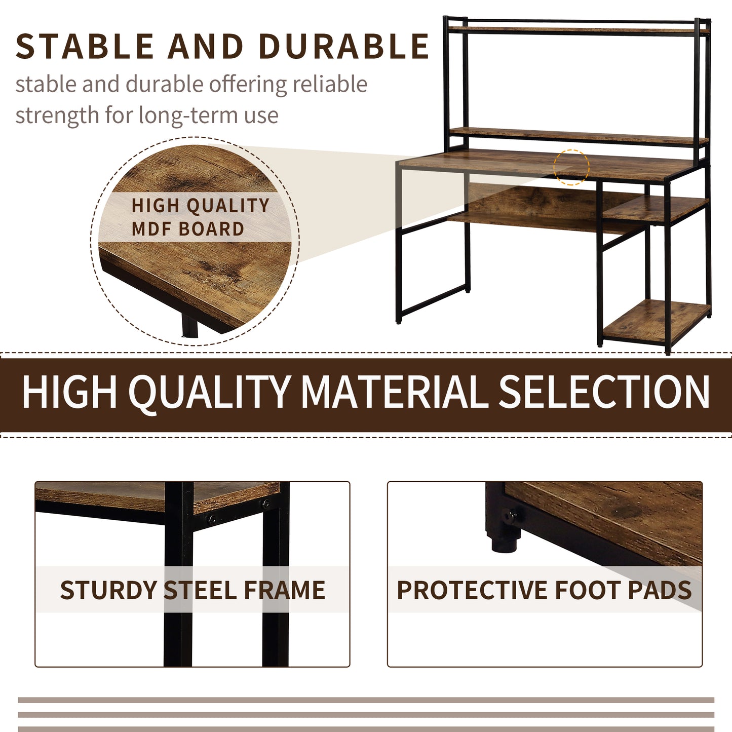 Home Office Computer Desk with 2-Tier Bookshelf and Open Storage Shelf/Equipped with Removable Monitor Riser(Brown)