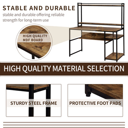 Home Office Computer Desk with 2-Tier Bookshelf and Open Storage Shelf/Equipped with Removable Monitor Riser(Brown)