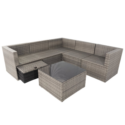 6 Pieces PE Rattan sectional Outdoor Furniture Cushioned  Sofa Set with 3 Storage Under Seat Grey