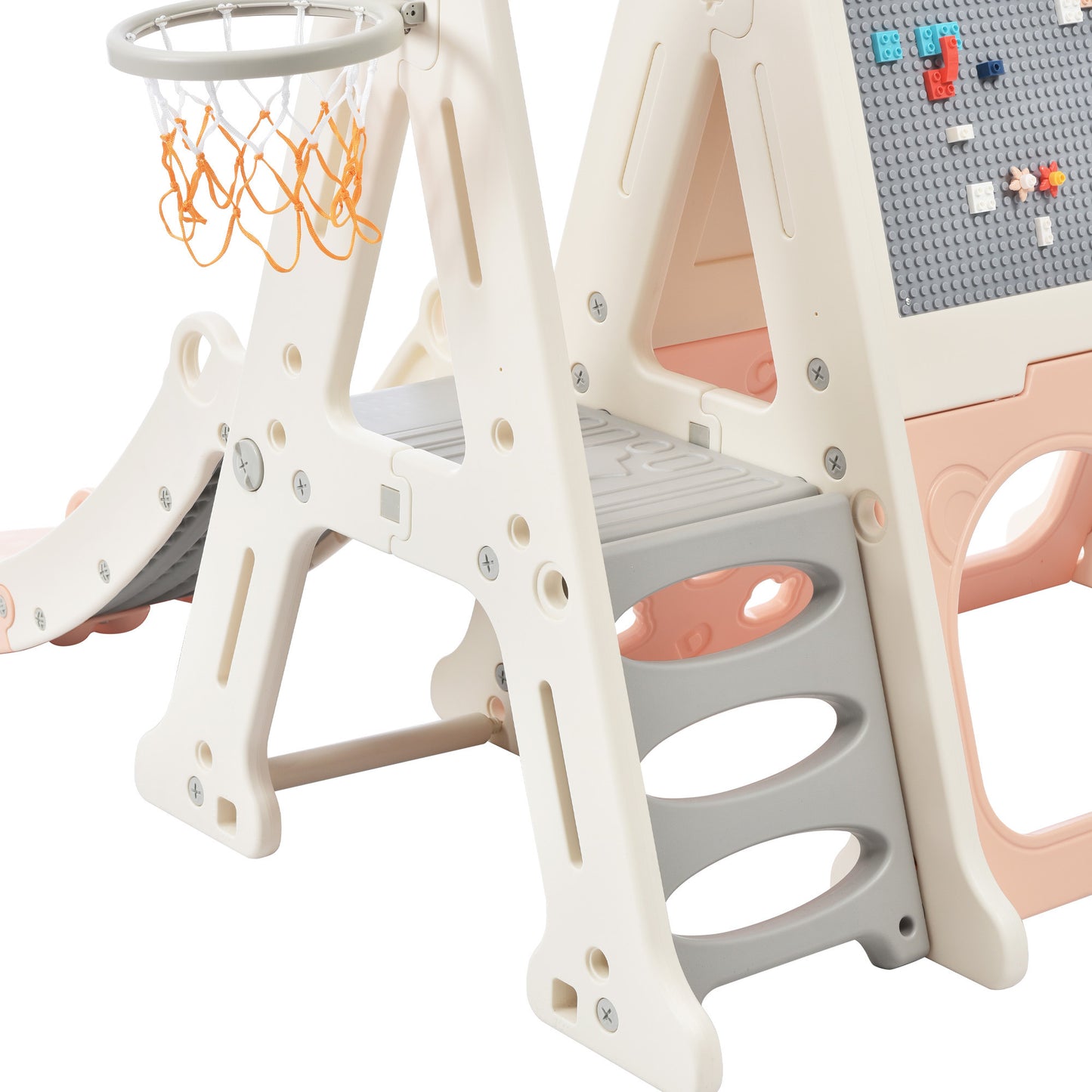 7-in-1 Toddler Climber and Slide Set Kids Playground Climber Slide Playset with Tunnel, Climber, Whiteboard,Toy Building Block Baseplates, Basketball Hoop Combination for Babies