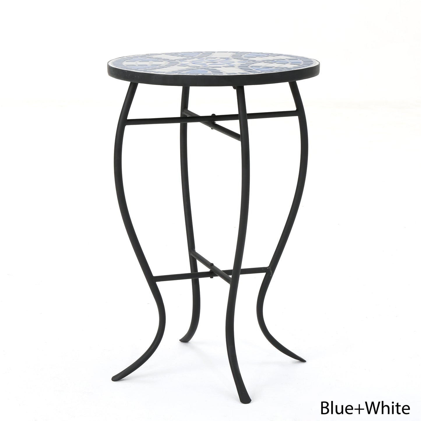 Harington Outdoor Blue & White Ceramic Tile Iron Frame Side Table