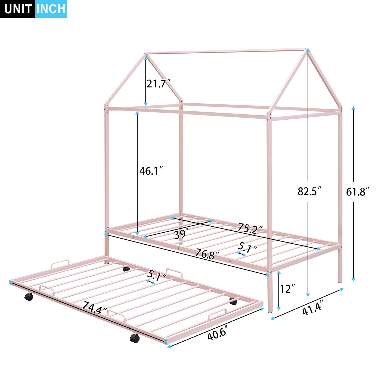 Twin Size Kids House Bed With Trundle, Metal House Bed Pink