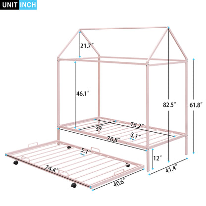 Twin Size Kids House Bed With Trundle, Metal House Bed Pink