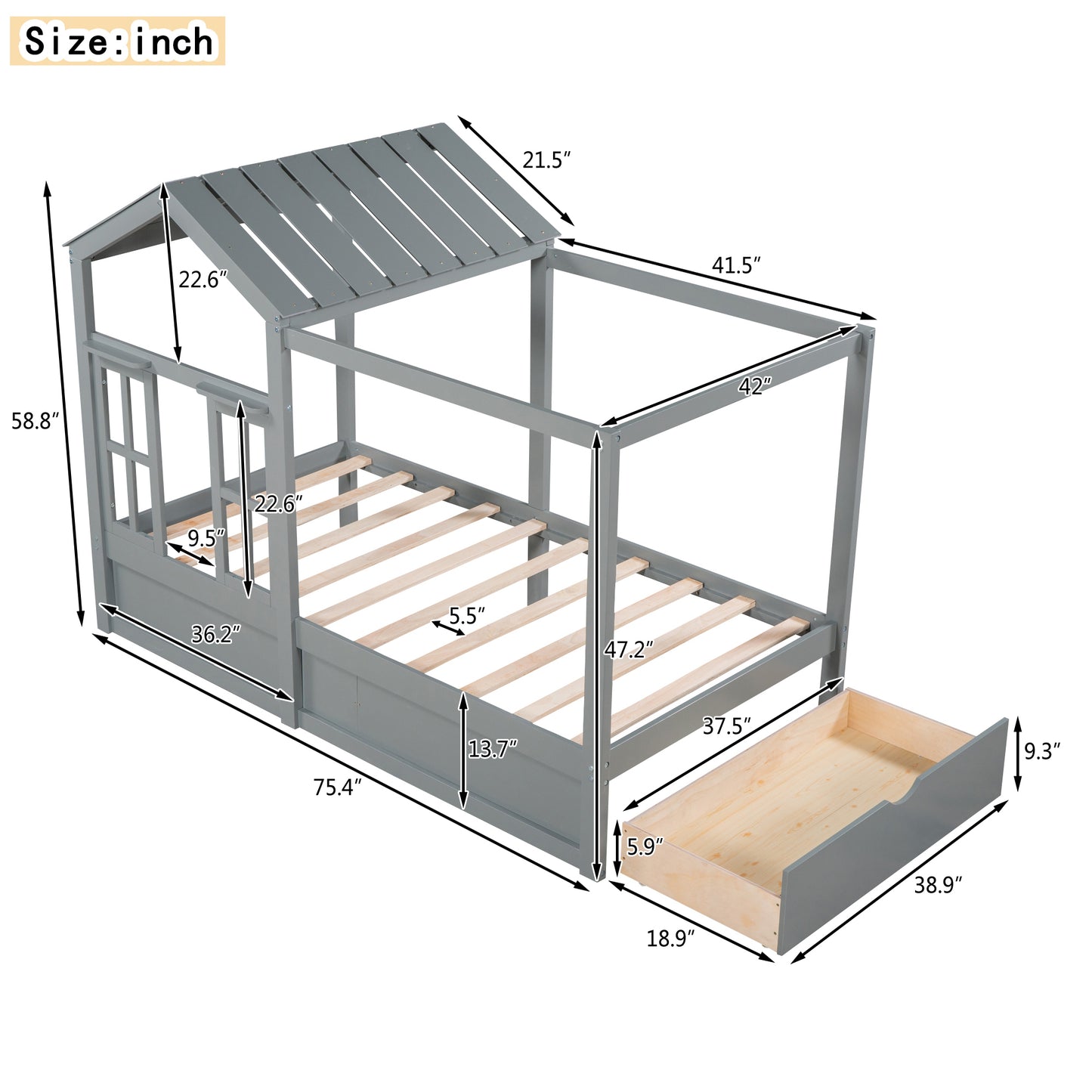 Twin Size House Bed with Roof, Window and Drawer - Gray