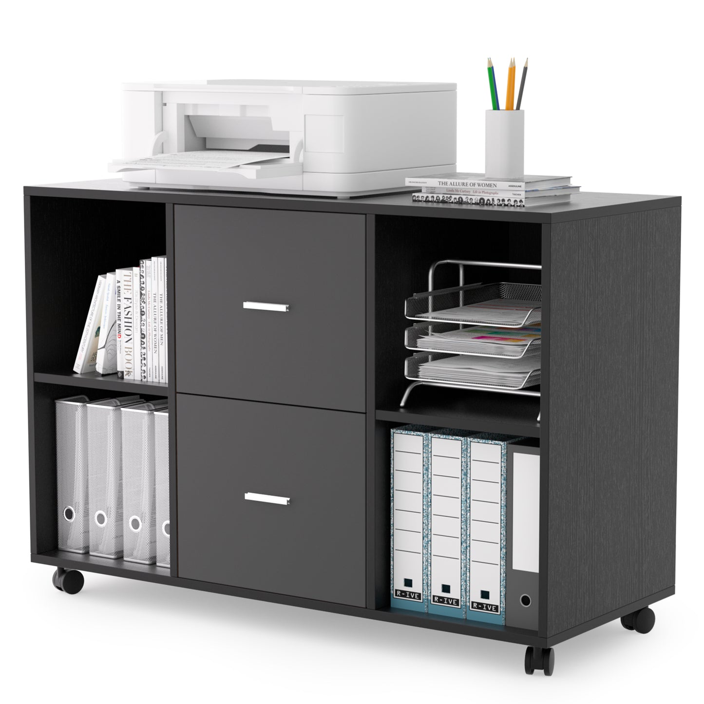 2 Drawer Wooden horizontal filing cabinet with 4 open storage shelves, black oak dark gray