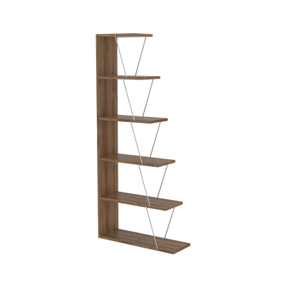 Furnish Home Store Modern 5 Tier Ladder Bookshelf Organizers, Narrow Bookshelf for Small Spaces Office Furniture Bookcase ,Walnut/Chrome