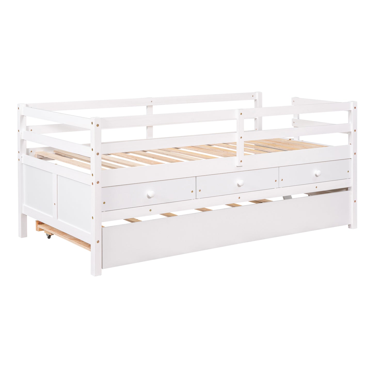 Low Loft Bed Twin Size with Full Safety Fence, Climbing ladder, Storage Drawers and Trundle White Solid Wood Bed