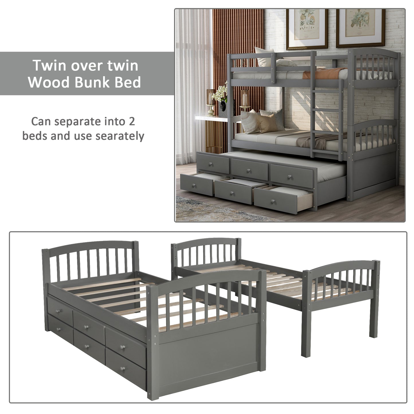 Twin Bunk Bed with Ladder, Safety Rail, Twin Trundle Bed with 3 Drawers for Bedroom, Guest Room Furniture(Gray)(OLD SKU :LP000071AAE)