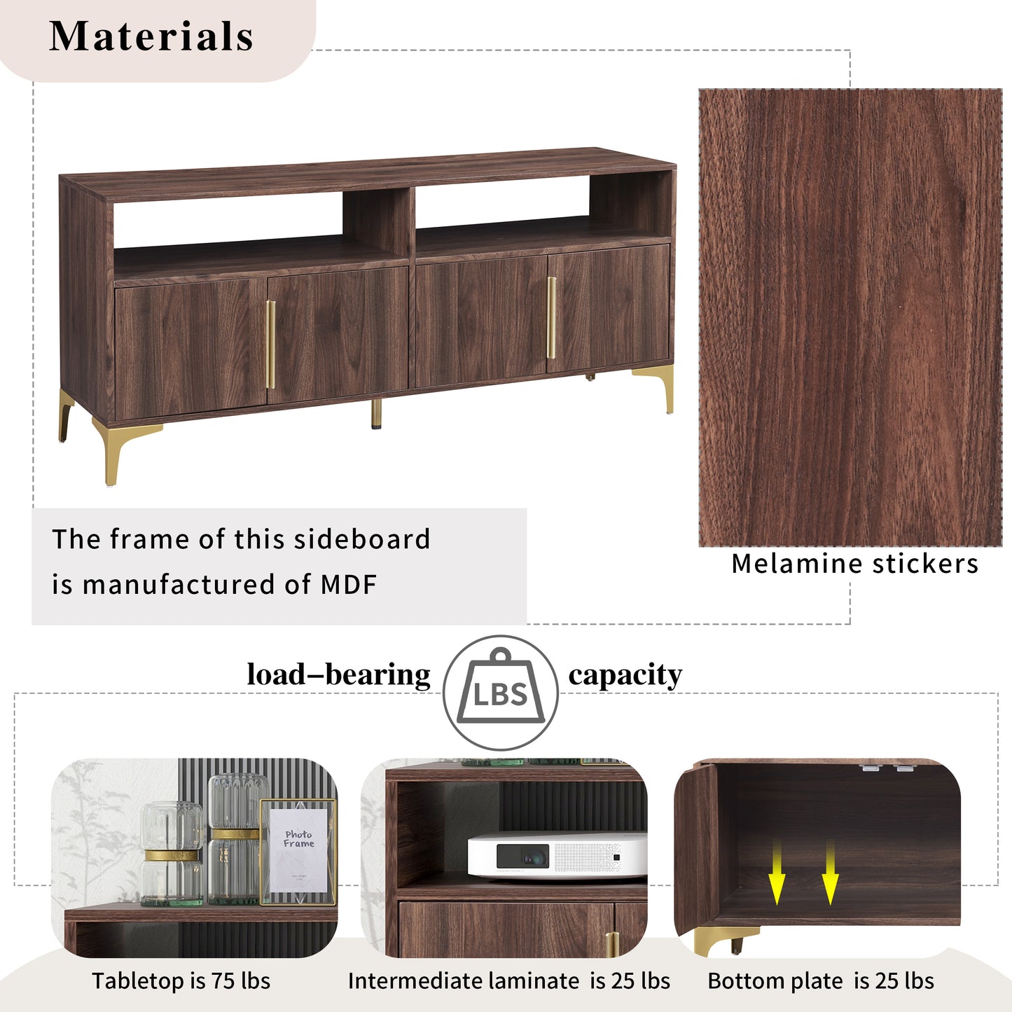 TREXM 58” L Sideboard with Gold Metal Legs and Handles Sufficient Storage Space Magnetic Suction Doors (Brown)