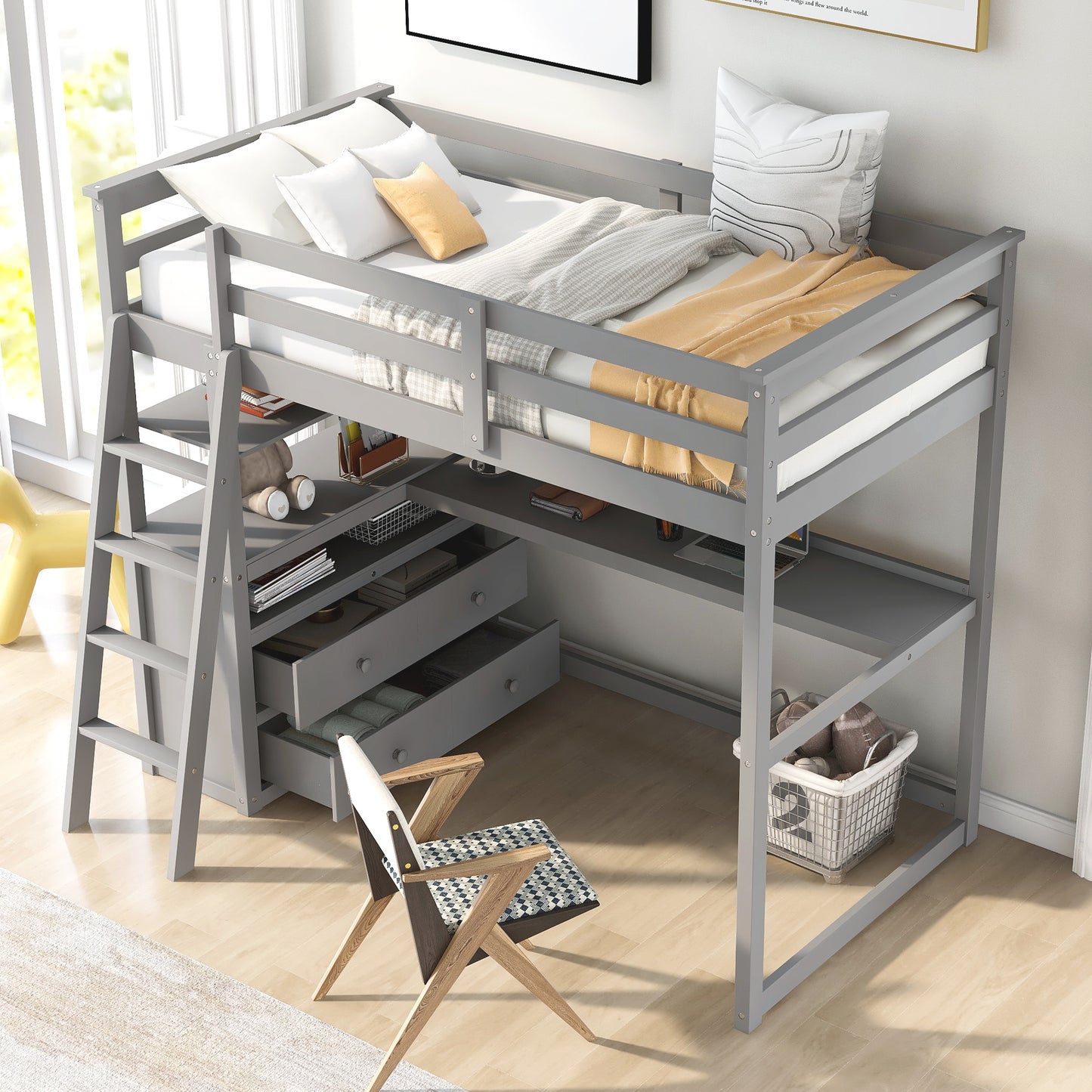 Twin Size Loft Bed with Desk and Shelves,Two Built-in Drawers,Gray(OLD SKU:GX000803AAE)