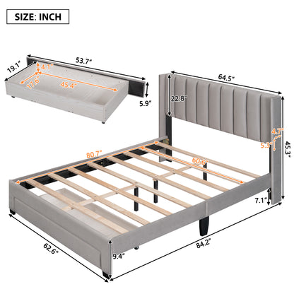 Queen Size Storage Bed Velvet Upholstered Platform Bed with a Big Drawer - Gray