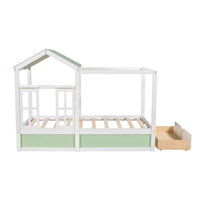 Twin Size House Bed with Roof, Window and Drawer - Green + White