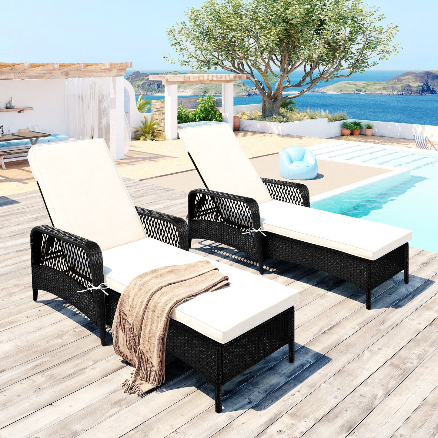 GO Outdoor patio pool PE rattan wicker chair wicker sun lounger, Adjustable backrest, beige cushion, Black wicker (2 sets)