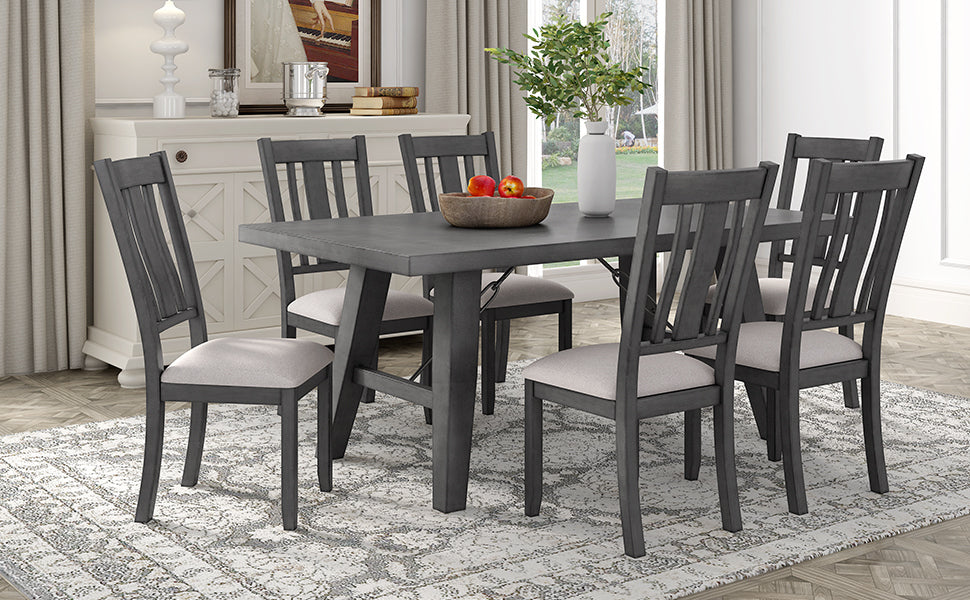 TREXM 7-Piece Dining Room Set - 72" Industrial Style Rectangular Table with Chain Bracket and 6 Dining Chairs (Gray)