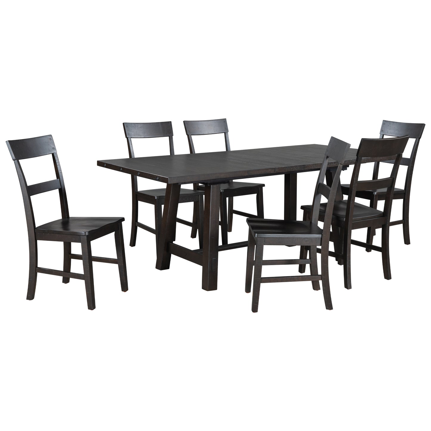 TREXM Retro Industrial Style 7-Piece Dining Table Set Extendable Table with 18” Leaf and Six Wood Chairs 
(Espresso)