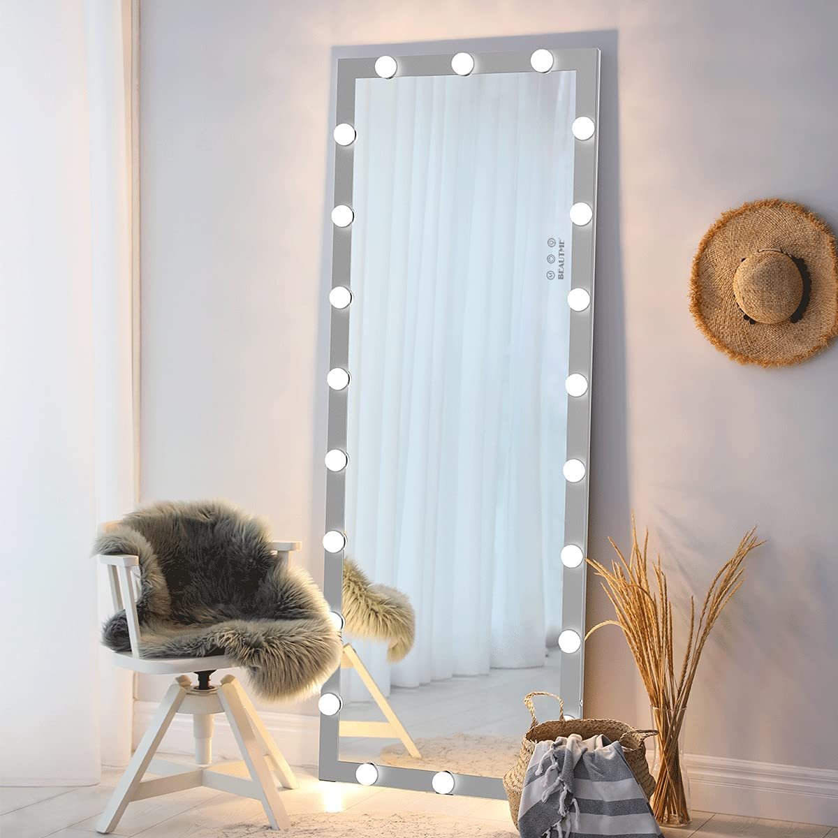 Modern Wall standing Bedroom Hotel Full Length Mirror with LED Bulbs Touch Control Whole Body Dressing Hollywood Vanity Mirror With 3 color Lights