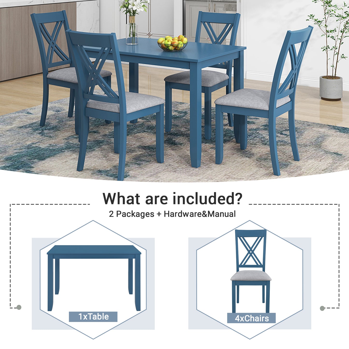 TOPMAX Rustic Minimalist Wood 5-Piece Dining Table Set with 4 X-Back Chairs for Small Places, Blue