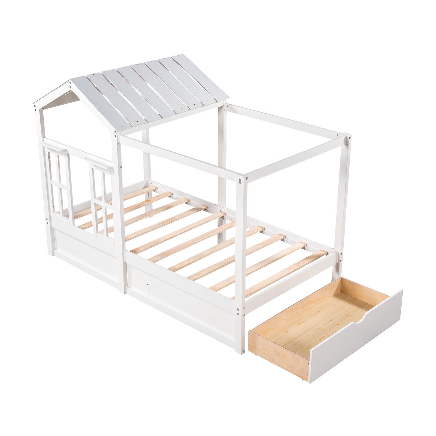 Twin Size House Bed with Roof, Window and Drawer - White