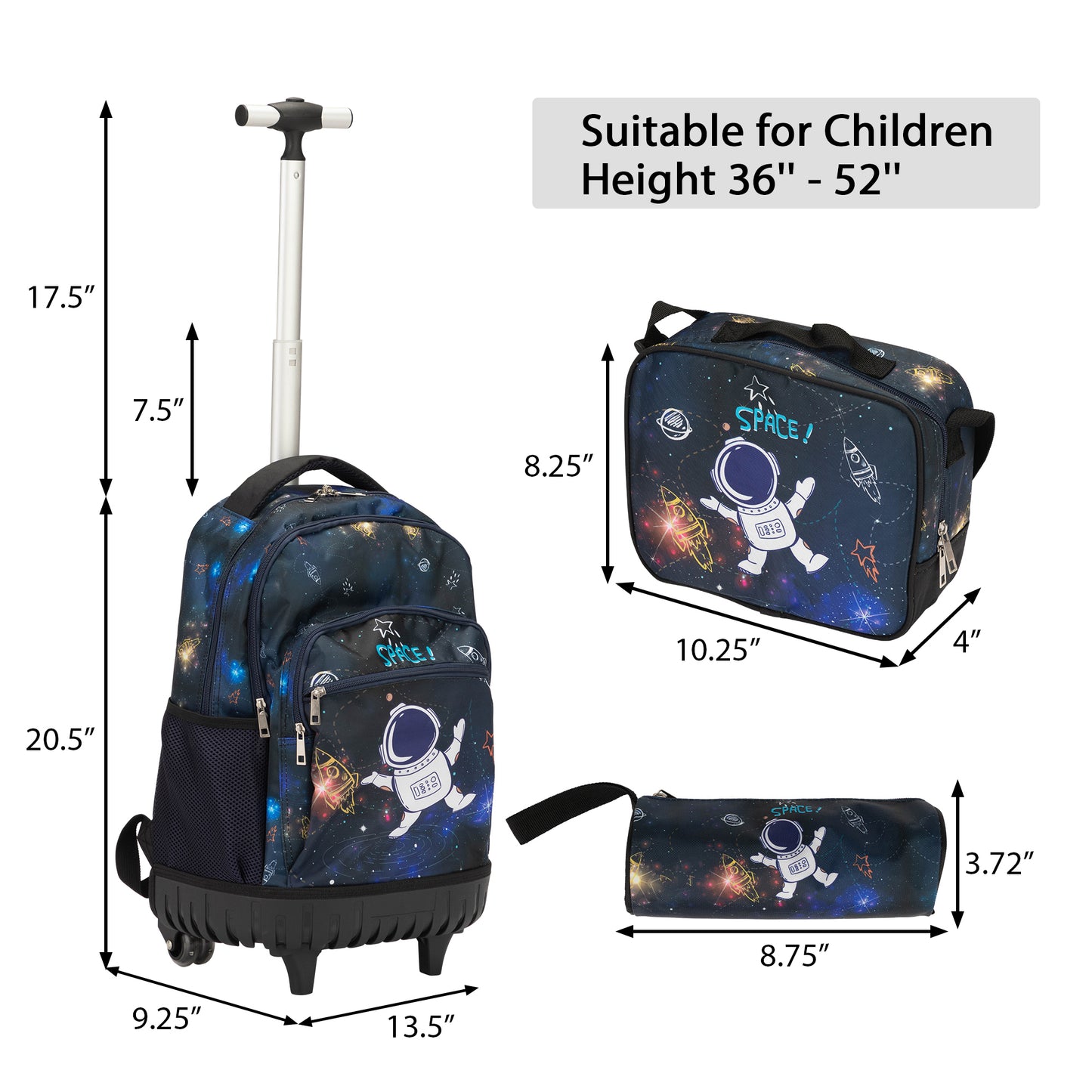 20-Inch 3PCS Kids Rolling Luggage Set, Trolley Backpack with Lunch Bag and Pencil Case for Girls / Boys, Suitcase with Astronaut Pattern