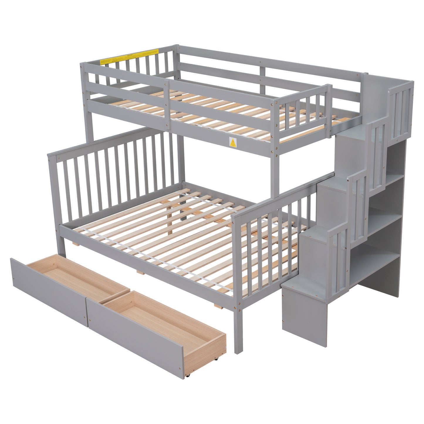 Twin Over Full Bunk Bed with 2 Drawers and Staircases, Convertible into 2 Beds, the Bunk Bed with Staircase and Safety Rails for Kids, Teens, Adults, Grey