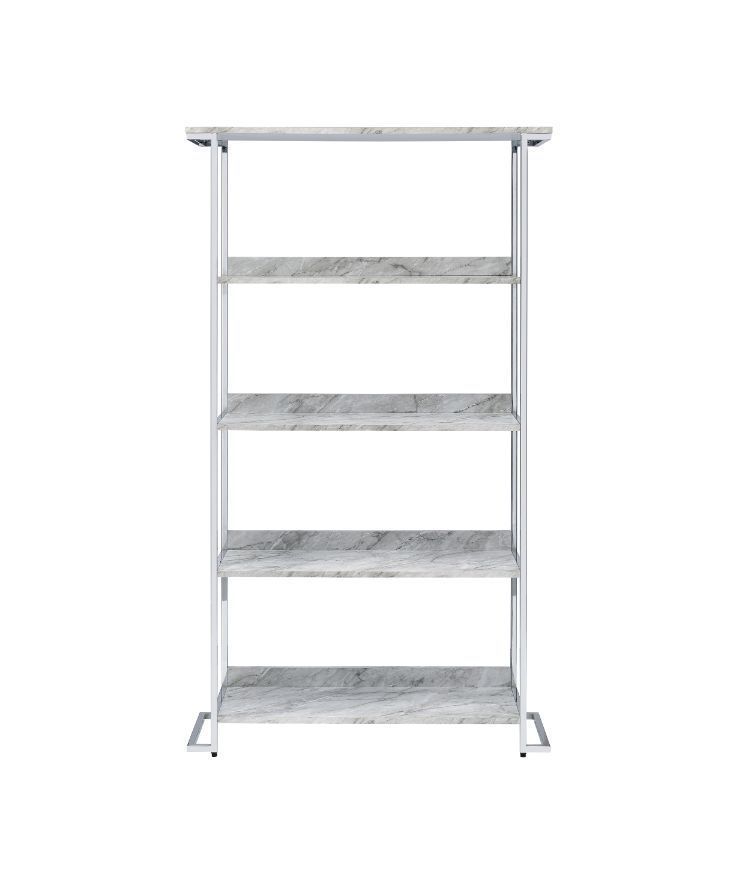 ACME Visage Bookcase, White Printed Faux Marble & Chrome 92937