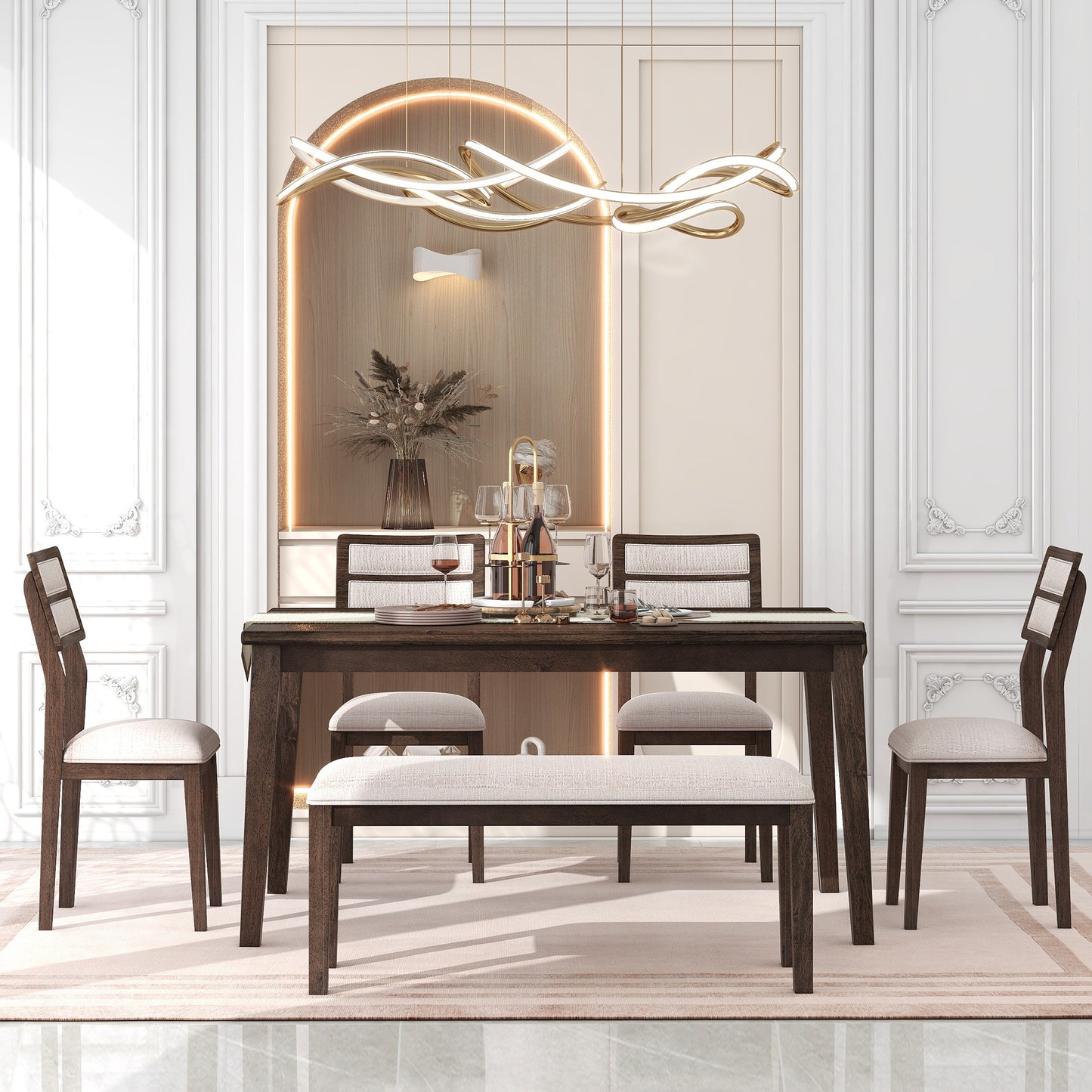 TREXM Classic and Traditional Style 6 - Piece Dining Set, Includes Dining Table, 4 Upholstered Chairs & Bench (Espresso)