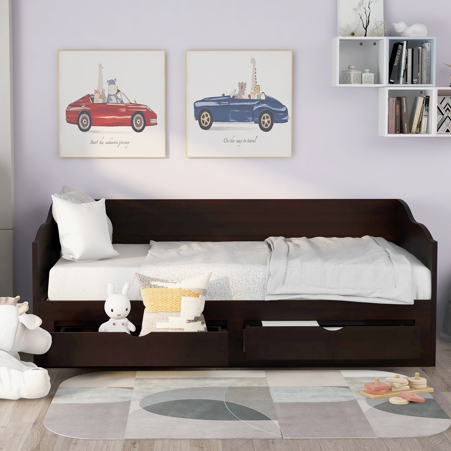 Wooden Daybed with Trundle Bed and Two Storage Drawers , Extendable Bed Daybed,Sofa Bed with Two Drawers, Espresso