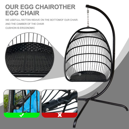 Swing Egg Chair with Stand Indoor Outdoor Wicker Rattan Patio Basket Hanging Chair with C Type bracket , with cushion and pillow,Patio Wicker folding Hanging Chair( Black New arrivals within 10 days)