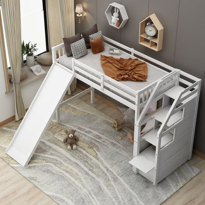 Twin Size Loft Bed with Storage and Slide, White