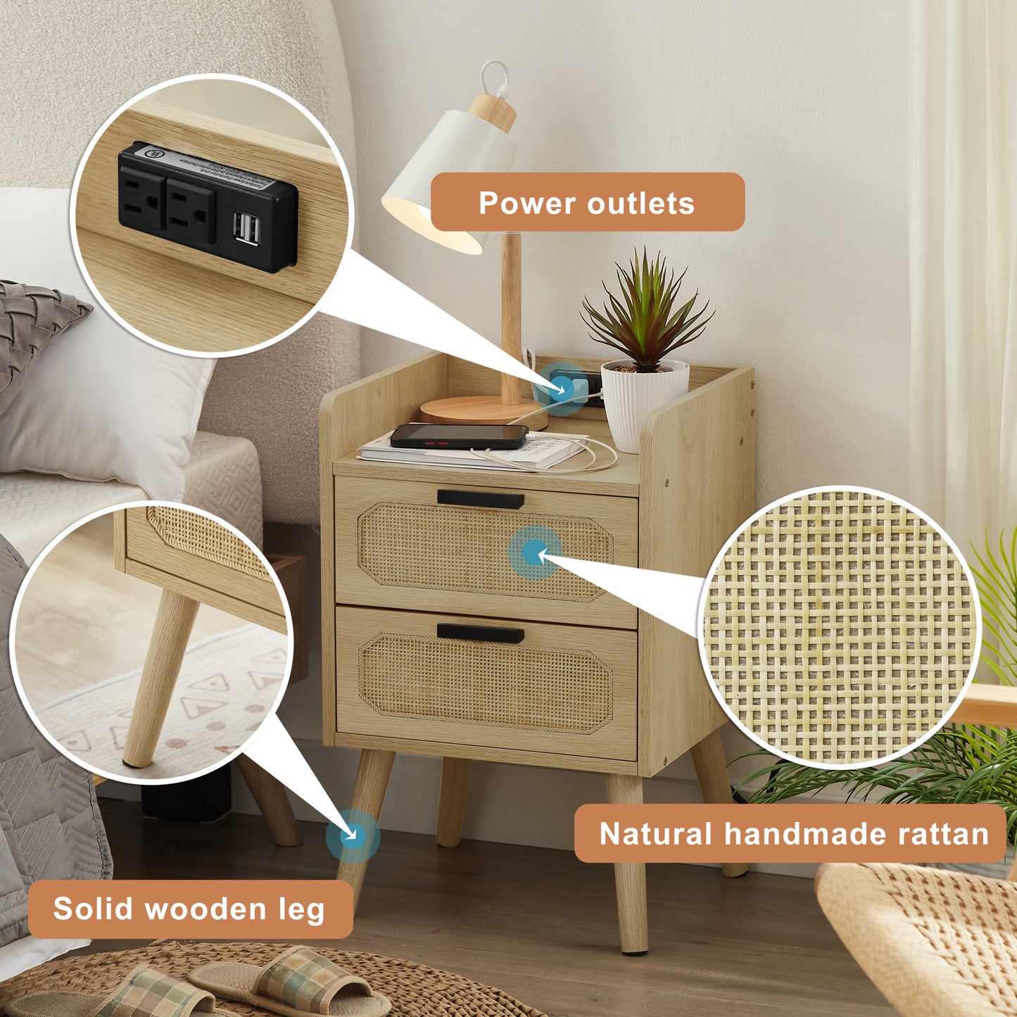 JHX Rattan nightstand with socket side table natural handmade rattan（Natural 15.55’’W*13.78’’D*23.82’’H）