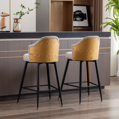 Set of 2 Counter Bar Stools, Fabric Upholstered Bar Stool with Nailhead Trim Back, Metal Legs in Matte Black, 25.59" H Seat Height