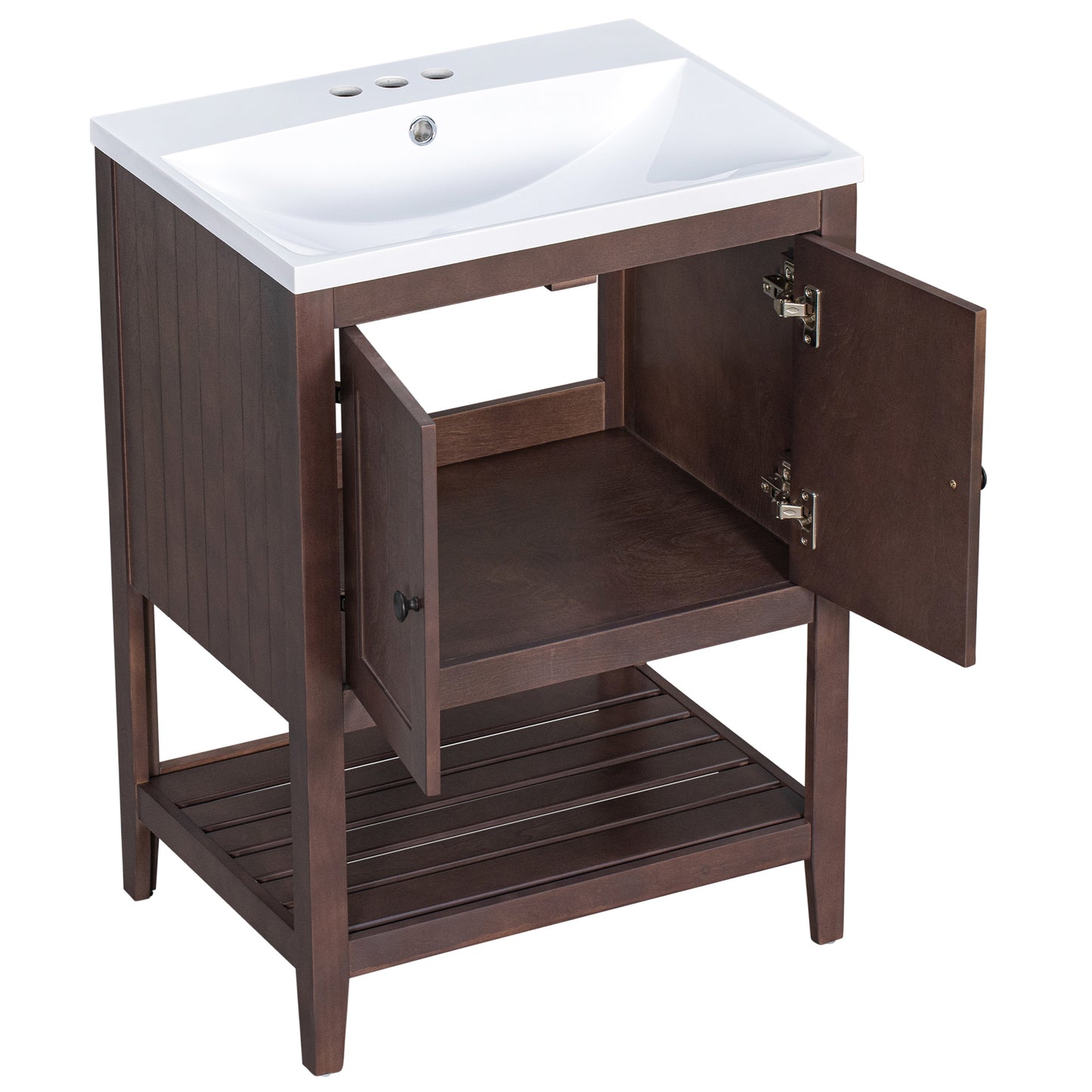 [VIDEO] 24" Brown Modern Sleek Bathroom Vanity Elegant Ceramic Sink with Solid Wood Frame Open Style Shelf